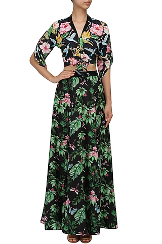 Black Floral Printed Top and Skirt Set by Sonam Parmar