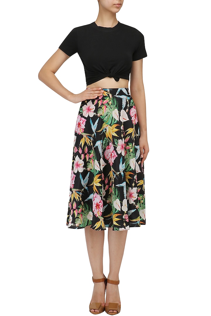 Black floral printed flared skirt available only at Pernia's Pop Up Shop.