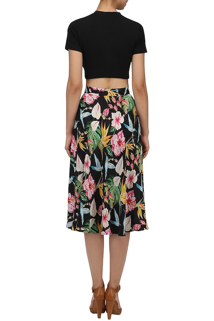 Black floral printed flared skirt available only at Pernia's Pop Up Shop.
