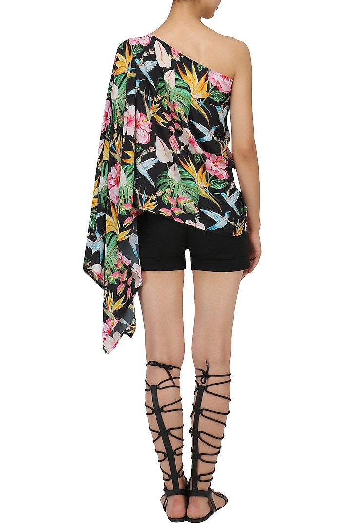Black floral printed one shoulder cape top available only at Pernia's Pop Up Shop.