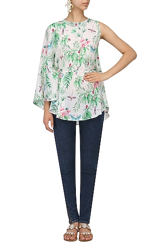 White Floral Printed Cape Top by Sonam Parmar
