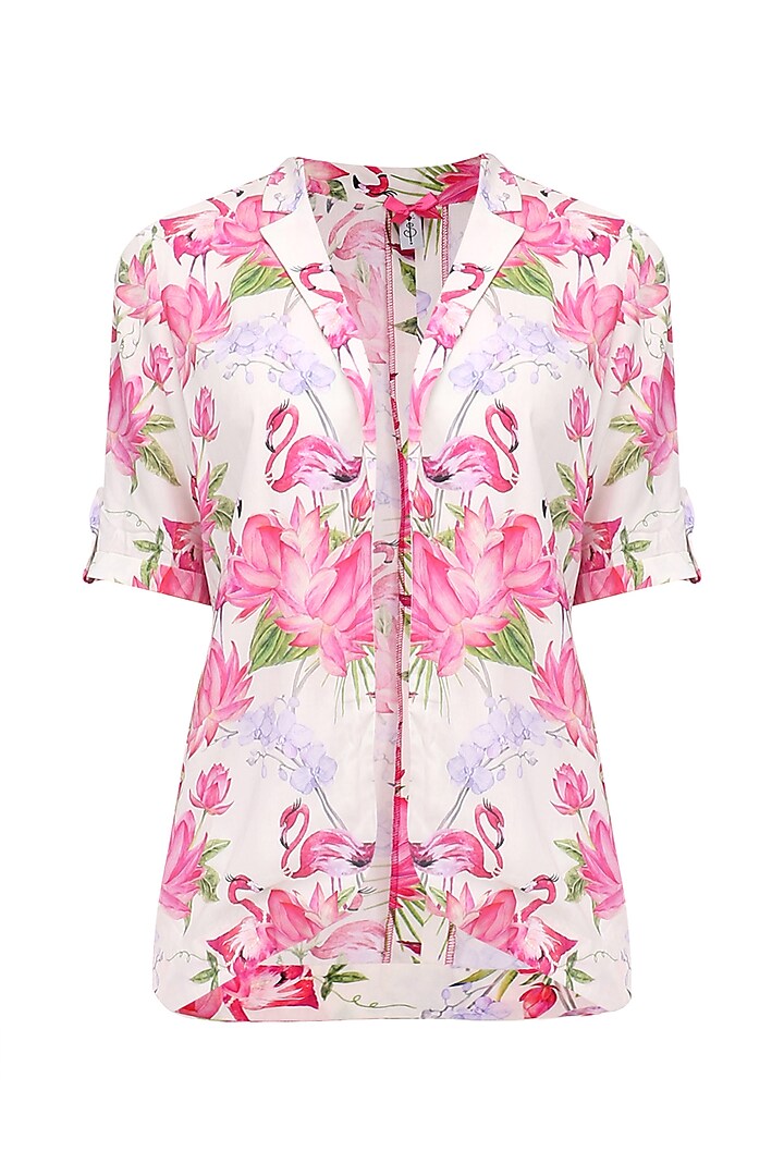 White Floral Printed Overlap Jacket by Sonam Parmar