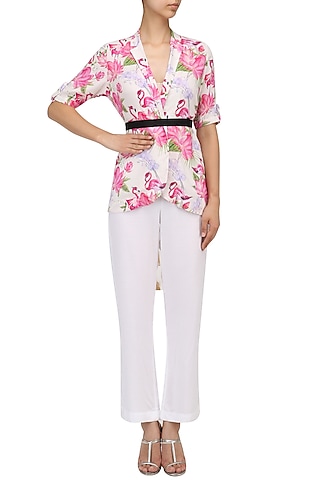 White Floral Printed Overlap Jacket by Sonam Parmar