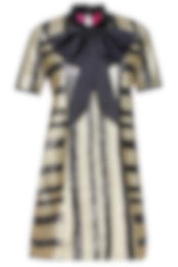 Black and gold striped shift dress with a dramatic bow by Sonam Parmar