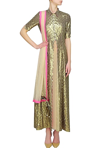 Gold scallop sequin jacket by Sonam Parmar