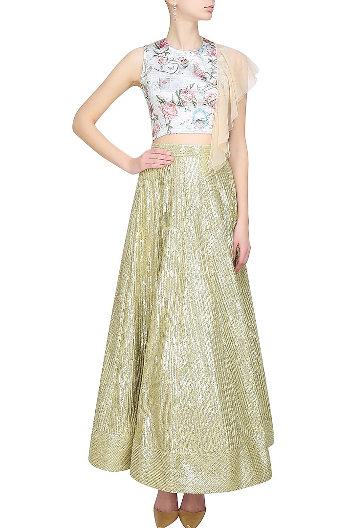 Beige floral printed crop top with shoulder flare available only at Pernia's Pop Up Shop.
