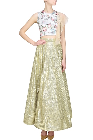 beige floral printed crop top with shoulder flare by Sonam Parmar