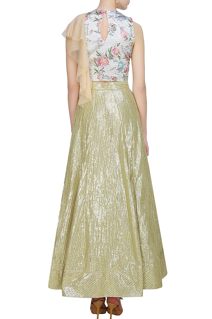 Beige floral printed crop top with shoulder flare available only at Pernia's Pop Up Shop.