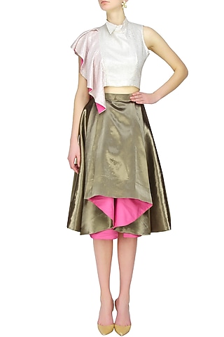 White sequin crop top with shoulder flare by Sonam Parmar