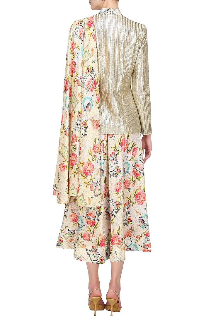 Beige floral and text printed dress available only at Pernia's Pop Up Shop.