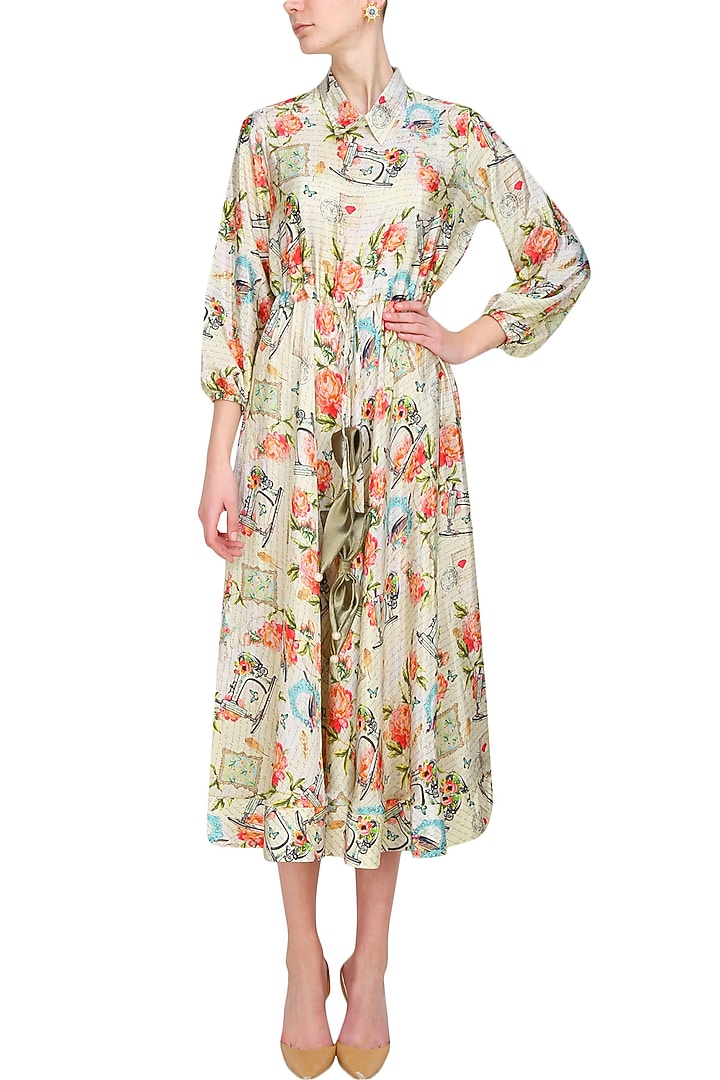 Beige floral and text printed dress available only at Pernia's Pop Up Shop.