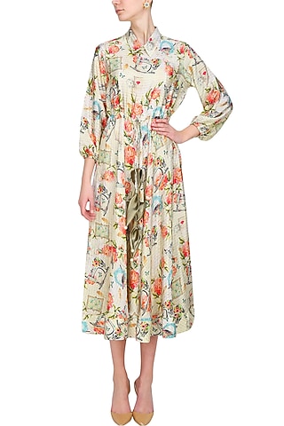 Beige floral and text printed dress by Sonam Parmar