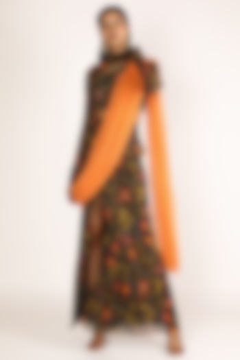 Charcoal Brown Floral Printed Skirt Set by Shreya Agarwal at Pernia's Pop Up Shop