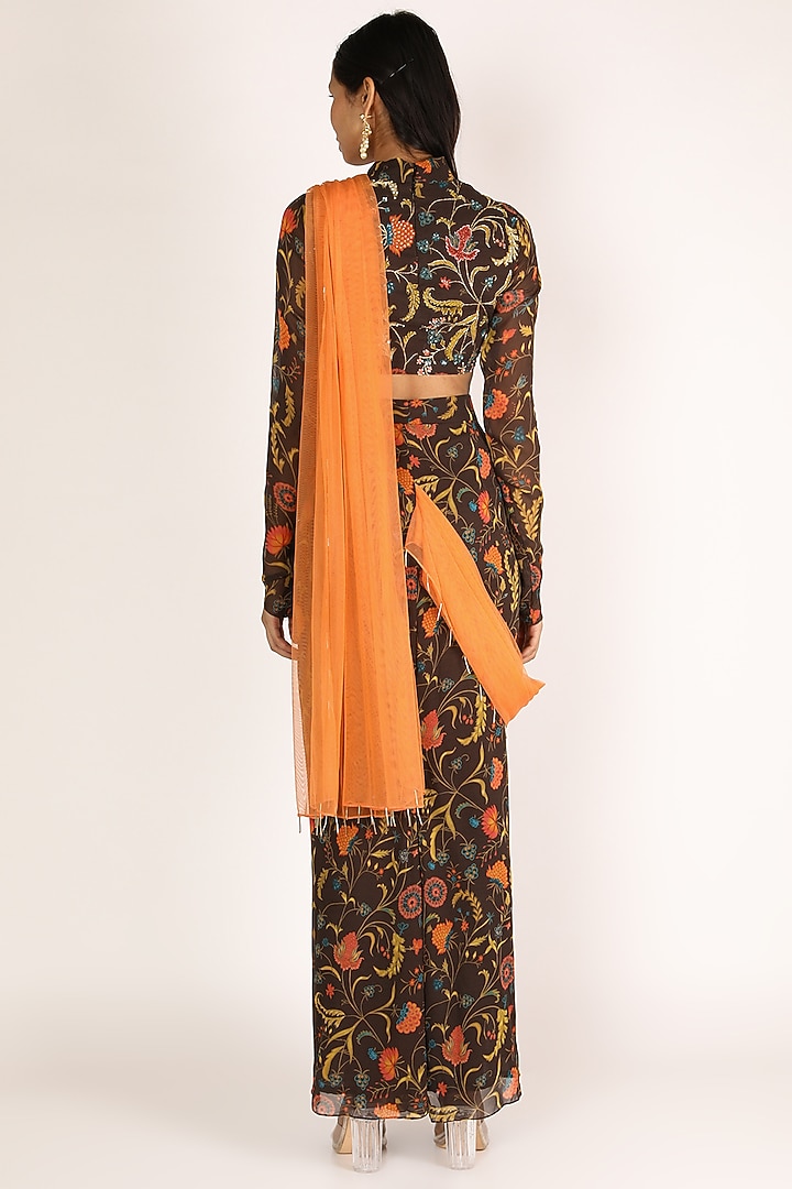 Charcoal Brown Floral Printed Skirt Set by Shreya Agarwal at Pernia's Pop Up Shop