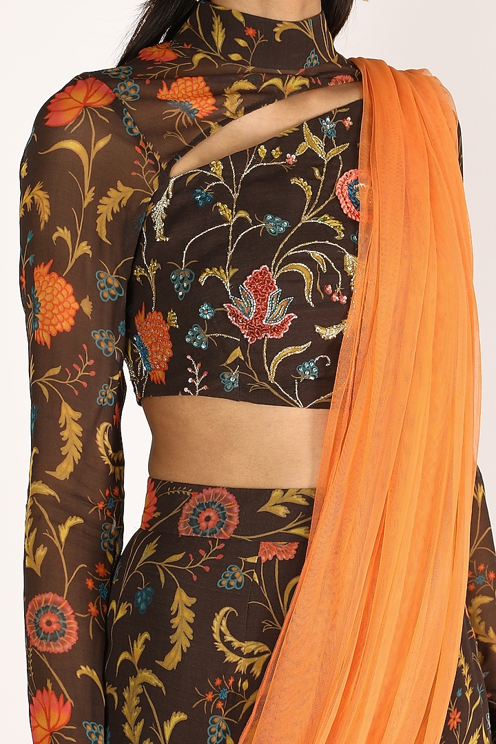 Charcoal Brown Floral Printed Skirt Set by Shreya Agarwal at Pernia's Pop Up Shop