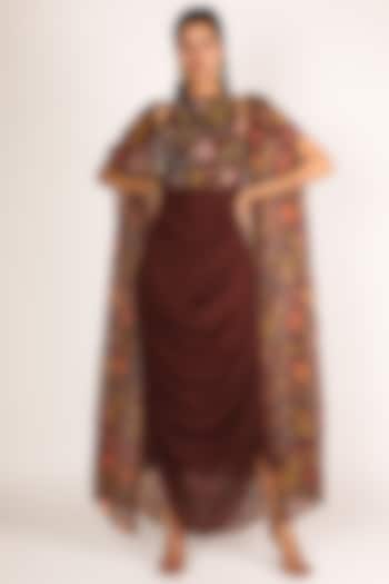 Burnt Brick Embroidered Cape Set by Shreya Agarwal at Pernia's Pop Up Shop