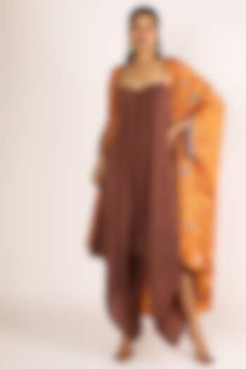 Brown Jumpsuit With Orange Printed Jacket by Shreya Agarwal