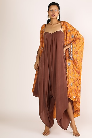 Brown Jumpsuit With Orange Printed Jacket by Shreya Agarwal
