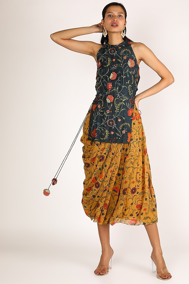 Cobalt Blue & Mustard Printed Skirt Set by Shreya Agarwal