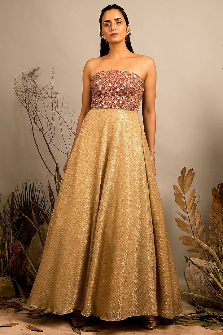 Beige Floral Embellished Gown by Shreya Agarwal