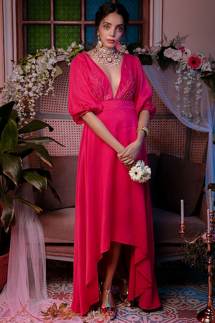 Pink Peacock High-Low Dress by Shreya Agarwal
