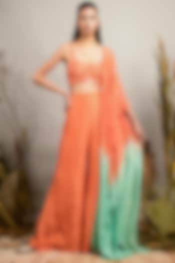 Cantaloupe & Biscay Green Mirror Work Jumpsuit With Cape by Shreya Agarwal