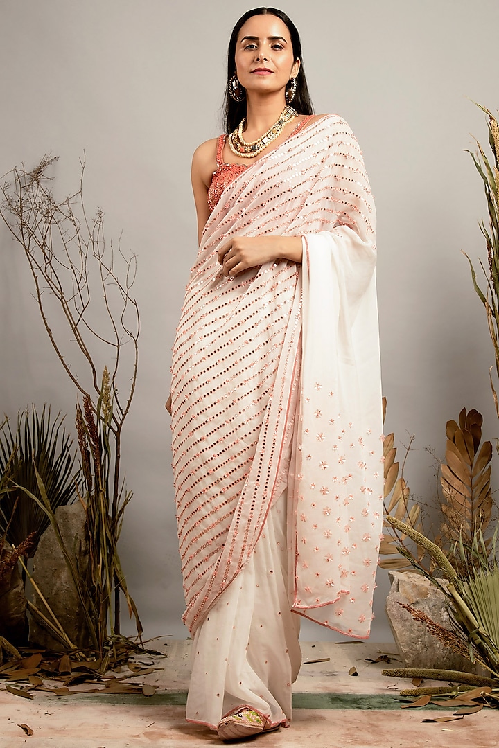 White & Cantaloupe Embellished Saree Set by Shreya Agarwal