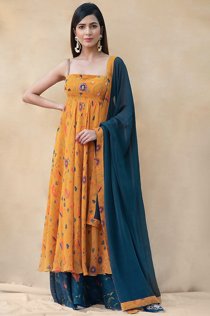 Old Gold & Blue Pansy Anarkali Set by Shreya Agarwal at Pernia's Pop Up Shop