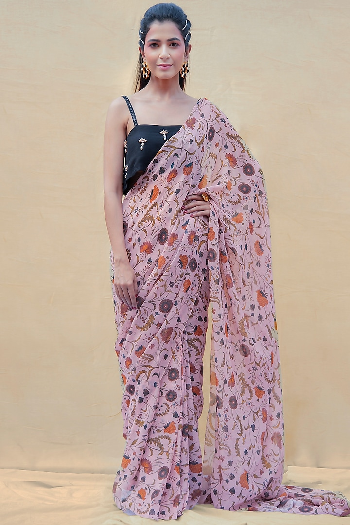 Coral Blush Silk & Georgette Floral Pre-Draped Saree Set by Shreya Agarwal