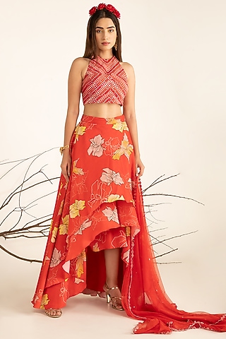 Fiery Red High-low Lehenga Set by Shreya Agarwal