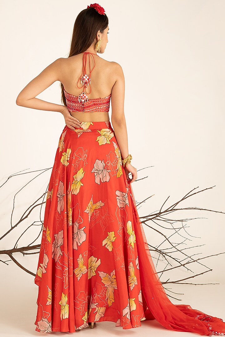 Fiery Red High-low Lehenga Set by Shreya Agarwal at Pernia's Pop Up Shop
