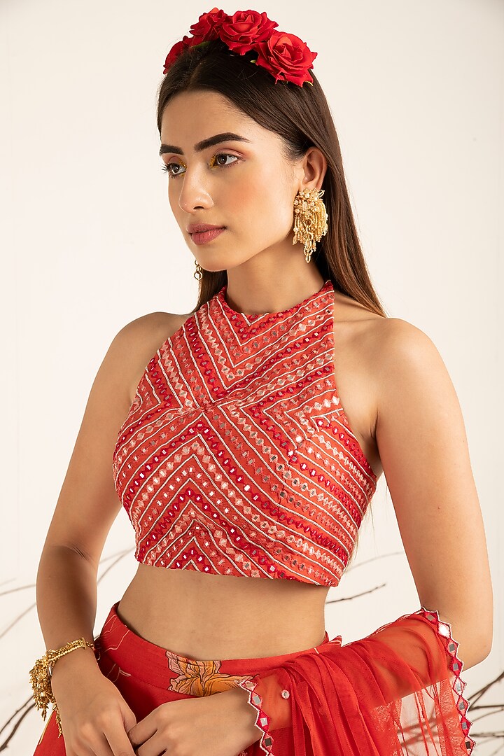 Fiery Red High-low Lehenga Set by Shreya Agarwal at Pernia's Pop Up Shop