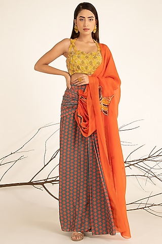Multi Colored Crepe Satin Printed Pre-Draped Saree Set by Shreya Agarwal
