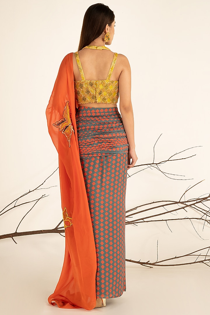 Multi Colored Crepe Satin Printed Pre-Draped Party Wear Saree Set by Shreya Agarwal at Pernia's Pop Up Shop