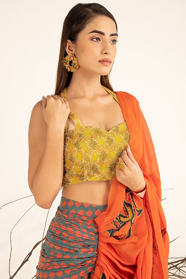 Multi Colored Crepe Satin Printed Pre-Draped Party Wear Saree Set by Shreya Agarwal at Pernia's Pop Up Shop