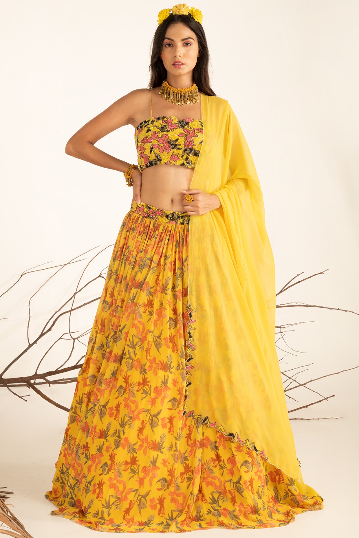 Amazon.com: Women's Yellow Lehenga Choli With Print And Mirror Work Lehenga  Choli Traditional Style Lehenga Choli (Stitch) : Clothing, Shoes & Jewelry