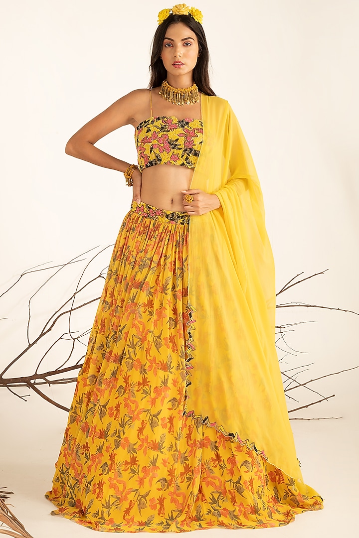 Mimosa Yellow Floral Printed Lehenga Set by Shreya Agarwal