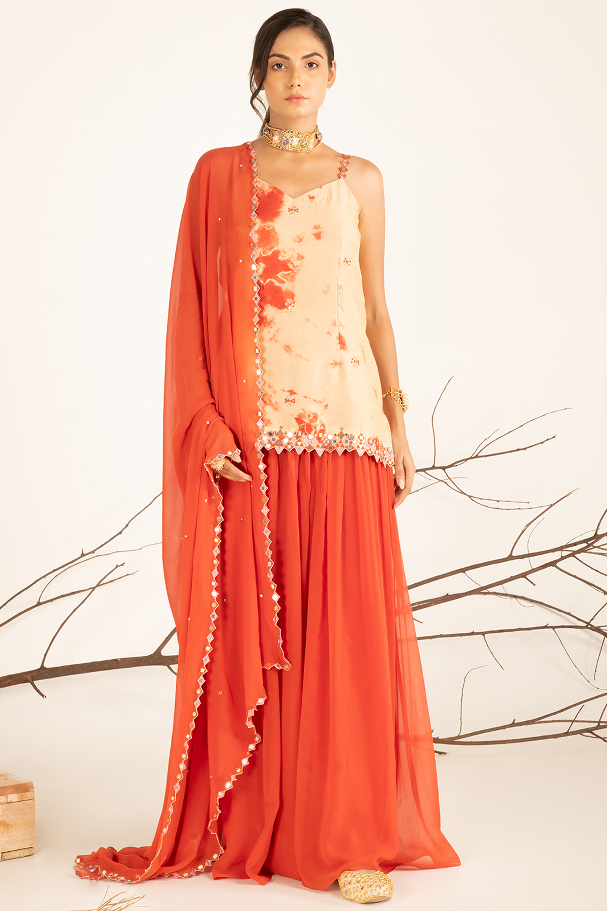 Vanilla Cream & Coral Printed Kurta Set by Shreya Agarwal