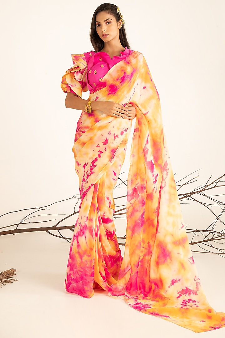 Multi-Colored Organza Batik Printed Saree Set by Shreya Agarwal