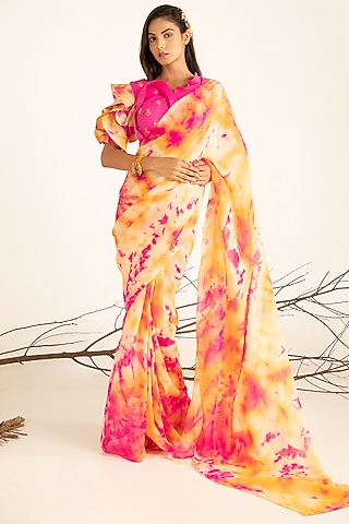 Multi-Colored Organza Batik Printed Saree Set by Shreya Agarwal