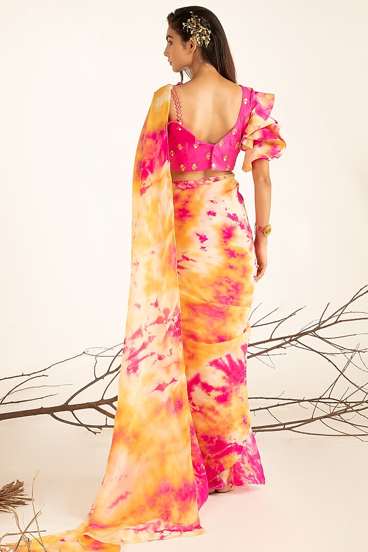 Multi-Colored Organza Batik Printed Festive Saree Set by Shreya Agarwal at Pernia's Pop Up Shop