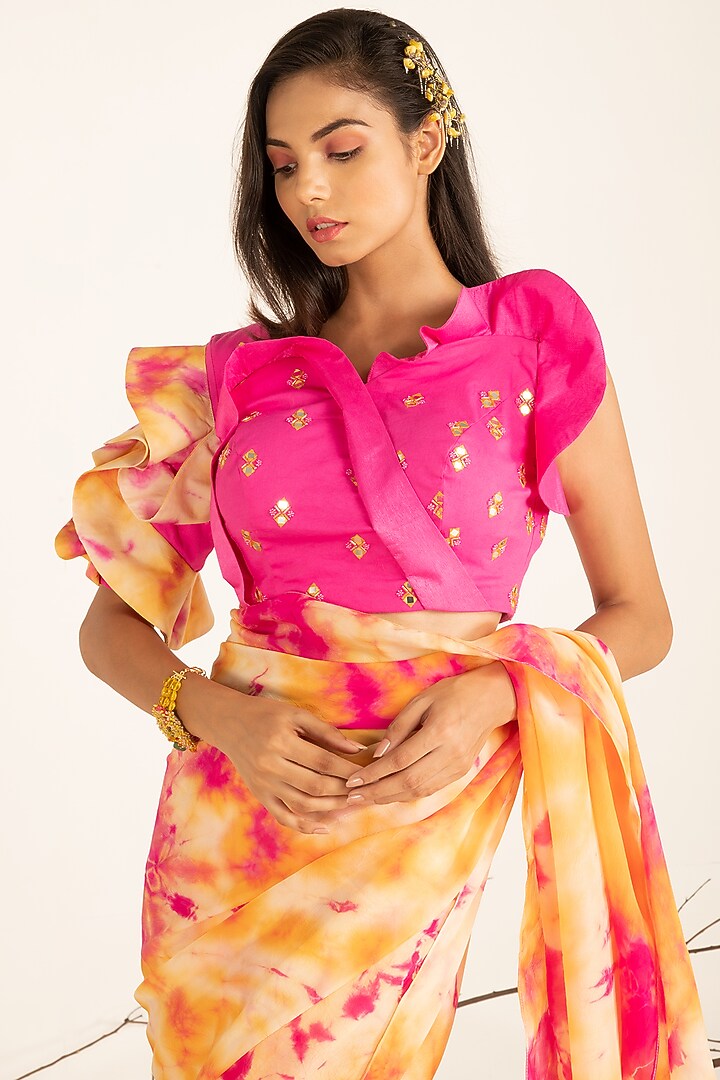 Multi-Colored Organza Batik Printed Festive Saree Set by Shreya Agarwal at Pernia's Pop Up Shop