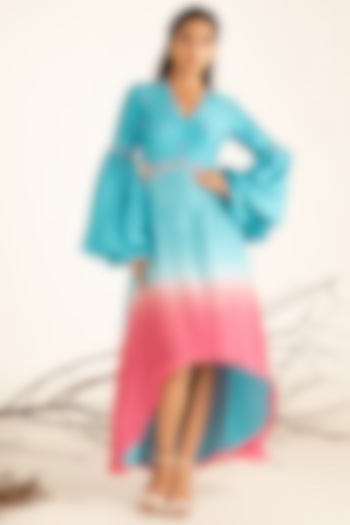 Paradise Blue & Pink Cosmos Ombre High-Low Dress by Shreya Agarwal