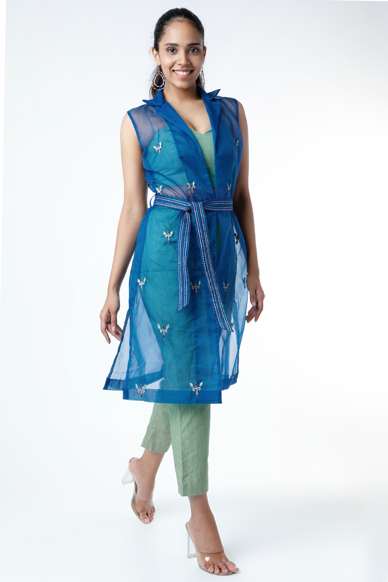 Turkish Sea Blue Embroidered Jacket Set by Shreya Agarwal