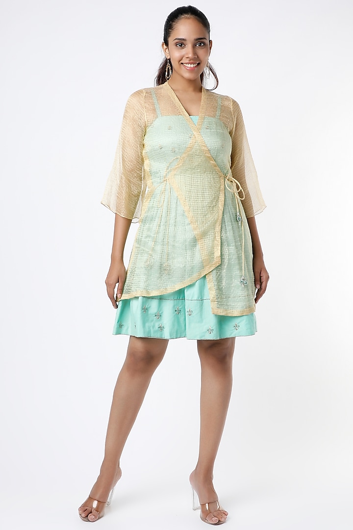 Beach Glass Blue Embroidered Dress With Jacket by Shreya Agarwal