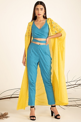 Mimosa Yellow & Aqua Blue Cape Set by Shreya Agarwal