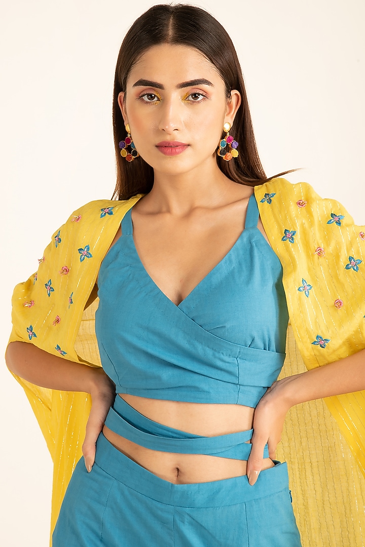 Mimosa Yellow & Aqua Blue Cape Set by Shreya Agarwal at Pernia's Pop Up Shop