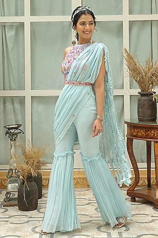 Baby Blue Georgette Sharara Set by Shreya Agarwal