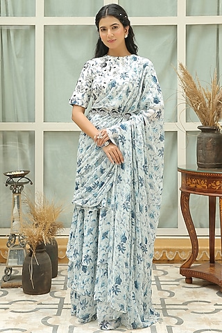 Ice White Printed & Hand Embroidered Pre-Draped Saree Set by Shreya Agarwal