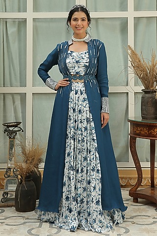 Berry Blue Printed & Hand Embroidered Jacket Set by Shreya Agarwal